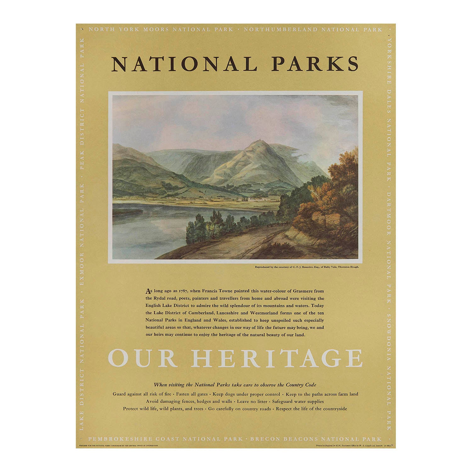 Original travel advertising poster, National Parks Our Heritage – Grasmere, published on behalf of the National Parks Commission, c. 1965. 
This example features a painting by the British artist Francis Towne (1787) of Grasmere in the English Lake District.