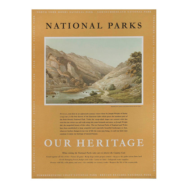 Original travel advertising poster, National Parks Our Heritage – Dovedale, published on behalf of the National Parks Commission, c. 1965. This example features a painting by the British artist Joseph Wright of Derby of Dovedale in the Peak District National Park.