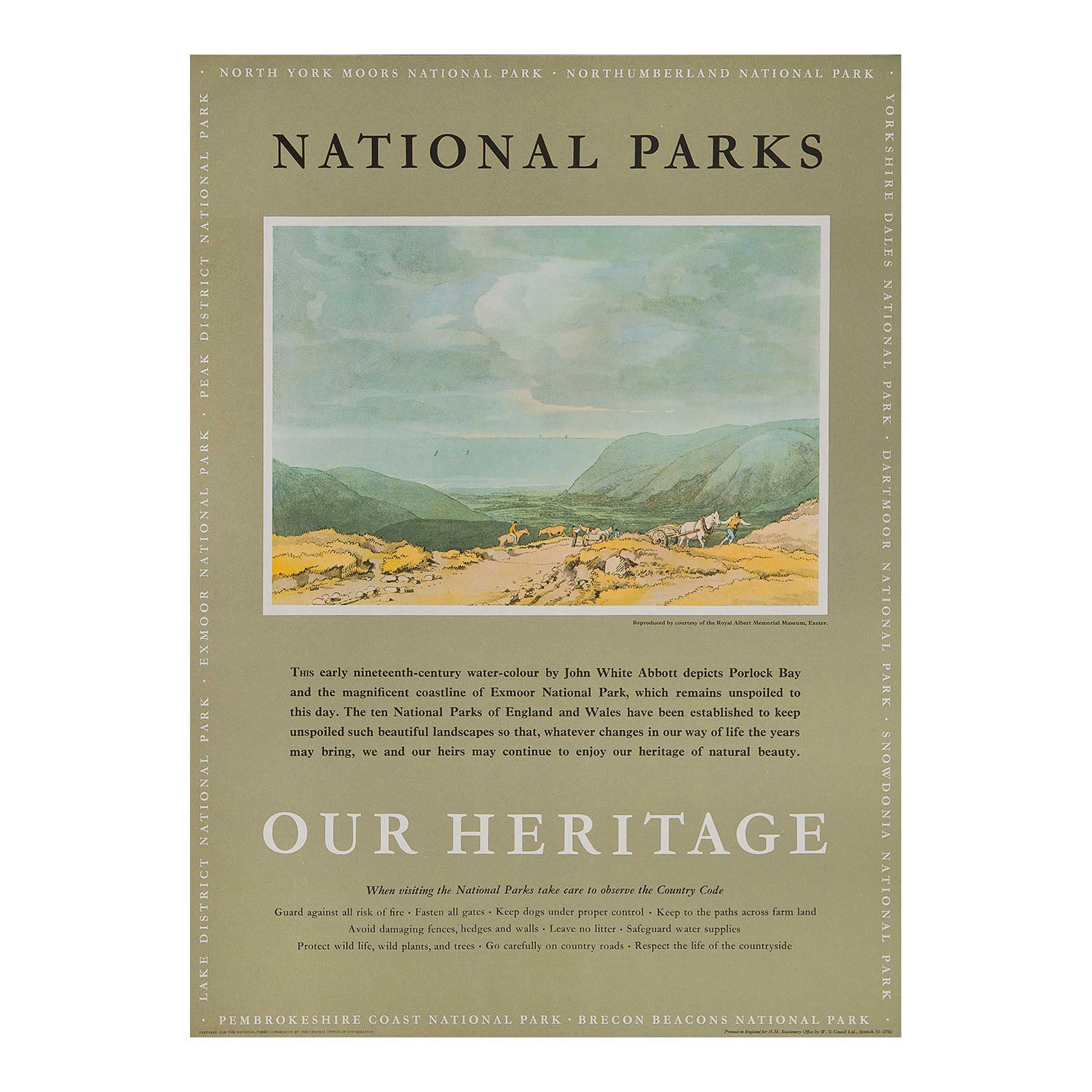 Original travel advertising poster, National Parks Our Heritage – Porlock Bay, published on behalf of the National Parks Commission, c. 1965. This example features a painting by the British artist John White Abbott of Porlock Bay in the Exmoor National Park.