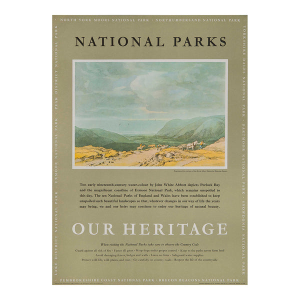 Original travel advertising poster, National Parks Our Heritage – Porlock Bay, published on behalf of the National Parks Commission, c. 1965. This example features a painting by the British artist John White Abbott of Porlock Bay in the Exmoor National Park.