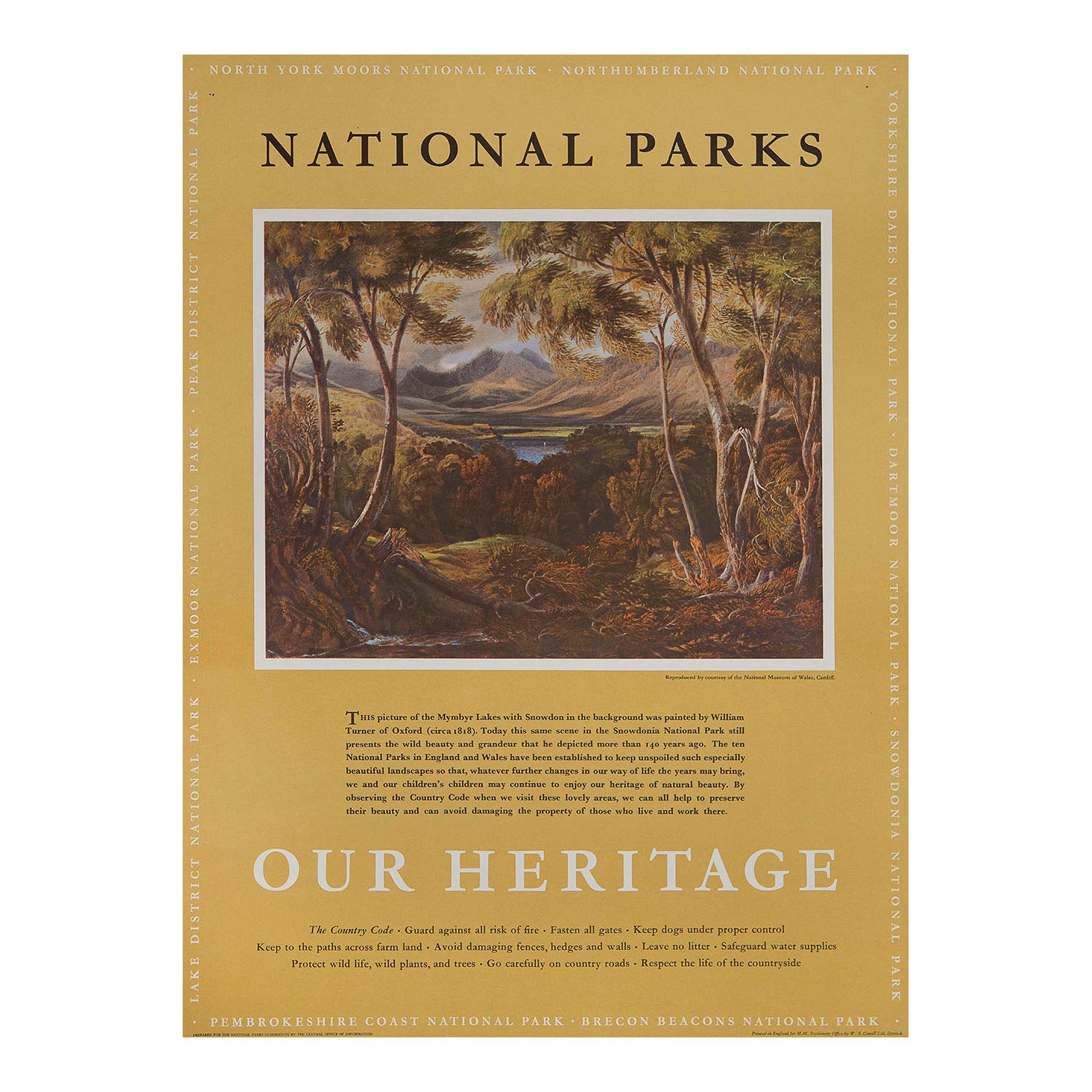 Original travel advertising poster, National Parks Our Heritage – Mymbyr Lakes, published on behalf of the National Parks Commission, c. 1965. 
This example features a painting by the British artist William Turner of Oxford (c. 1818) of Mymbyr Lakes in the Snowdonia National Park