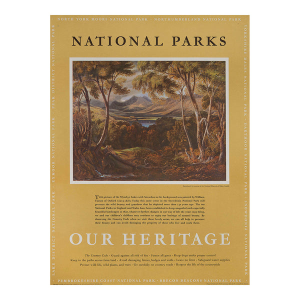 Original travel advertising poster, National Parks Our Heritage – Mymbyr Lakes, published on behalf of the National Parks Commission, c. 1965. 
This example features a painting by the British artist William Turner of Oxford (c. 1818) of Mymbyr Lakes in the Snowdonia National Park