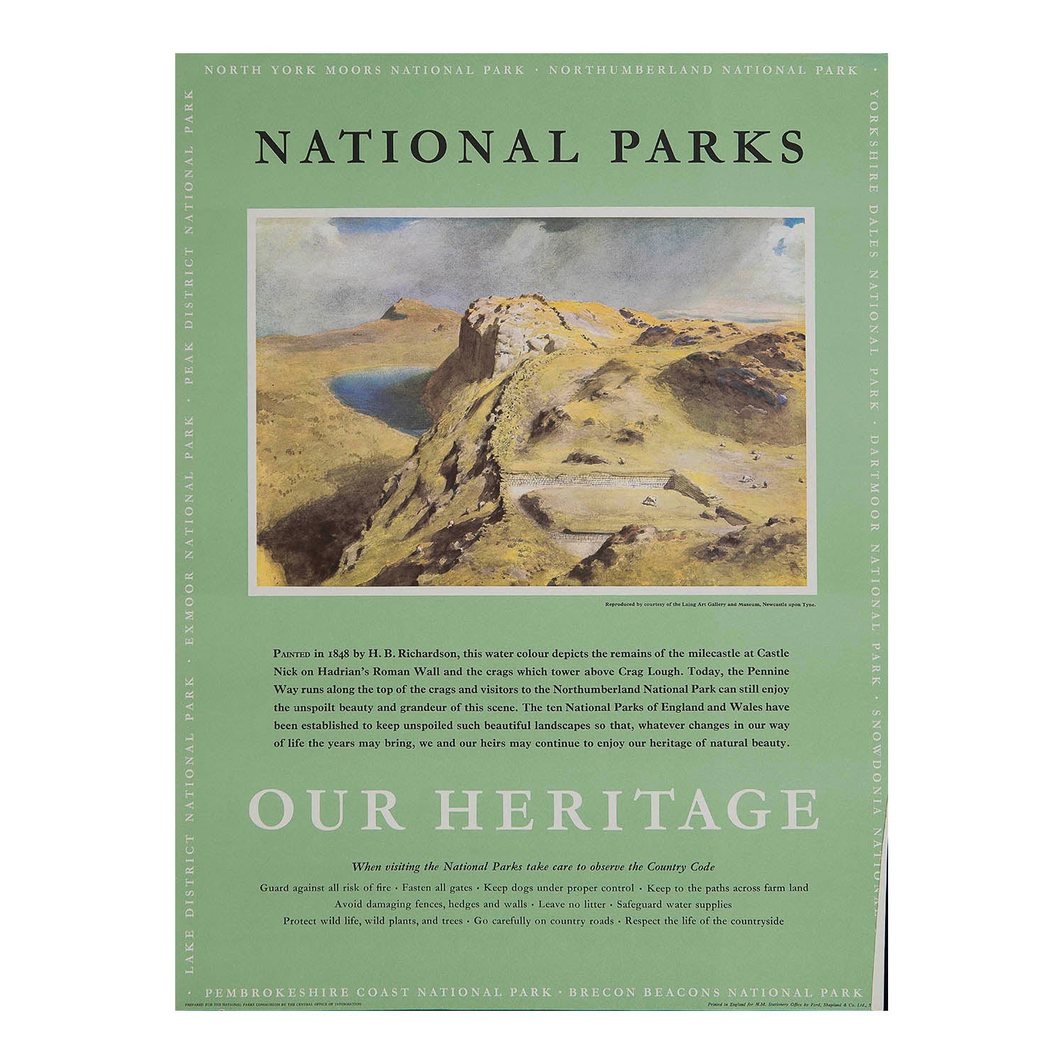 Original travel advertising poster, National Parks Our Heritage – Castle Nick on Hadrian’s Roman Wall, published on behalf of the National Parks Commission, c. 1965. This example features a painting by the British artist HB Richardson (1848) of Castle Nick on Hadrian’s Roman Wall in the Northumberland National Park.