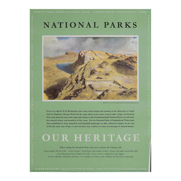 Original travel advertising poster, National Parks Our Heritage – Castle Nick on Hadrian’s Roman Wall, published on behalf of the National Parks Commission, c. 1965. This example features a painting by the British artist HB Richardson (1848) of Castle Nick on Hadrian’s Roman Wall in the Northumberland National Park.