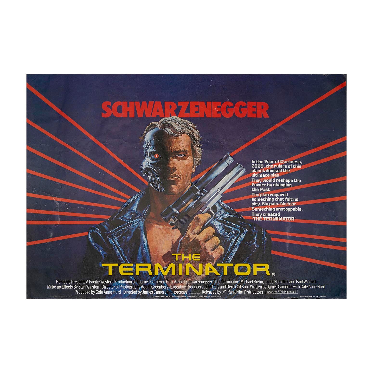 Original theatrical release film poster, The Terminator, 1984. British Quad size. Artwork by Mike Francis depicting Arnold Schwarzenegger in the lead role