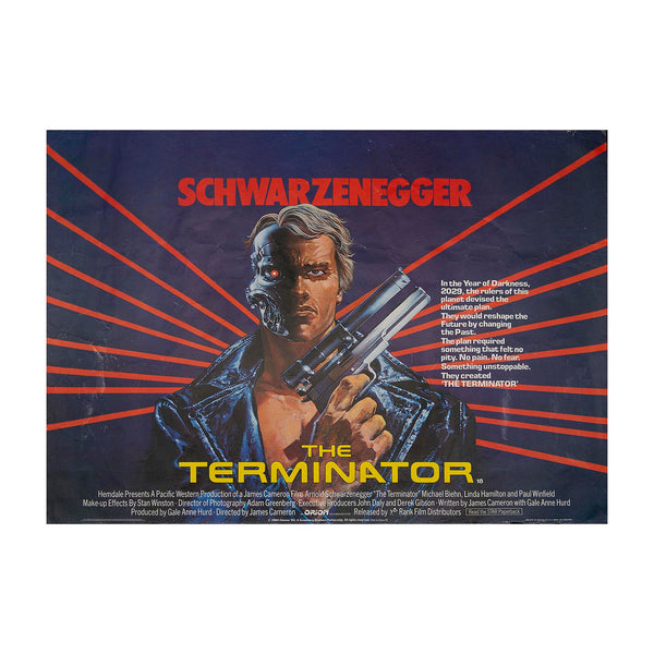 Original theatrical release film poster, The Terminator, 1984. British Quad size. Artwork by Mike Francis depicting Arnold Schwarzenegger in the lead role