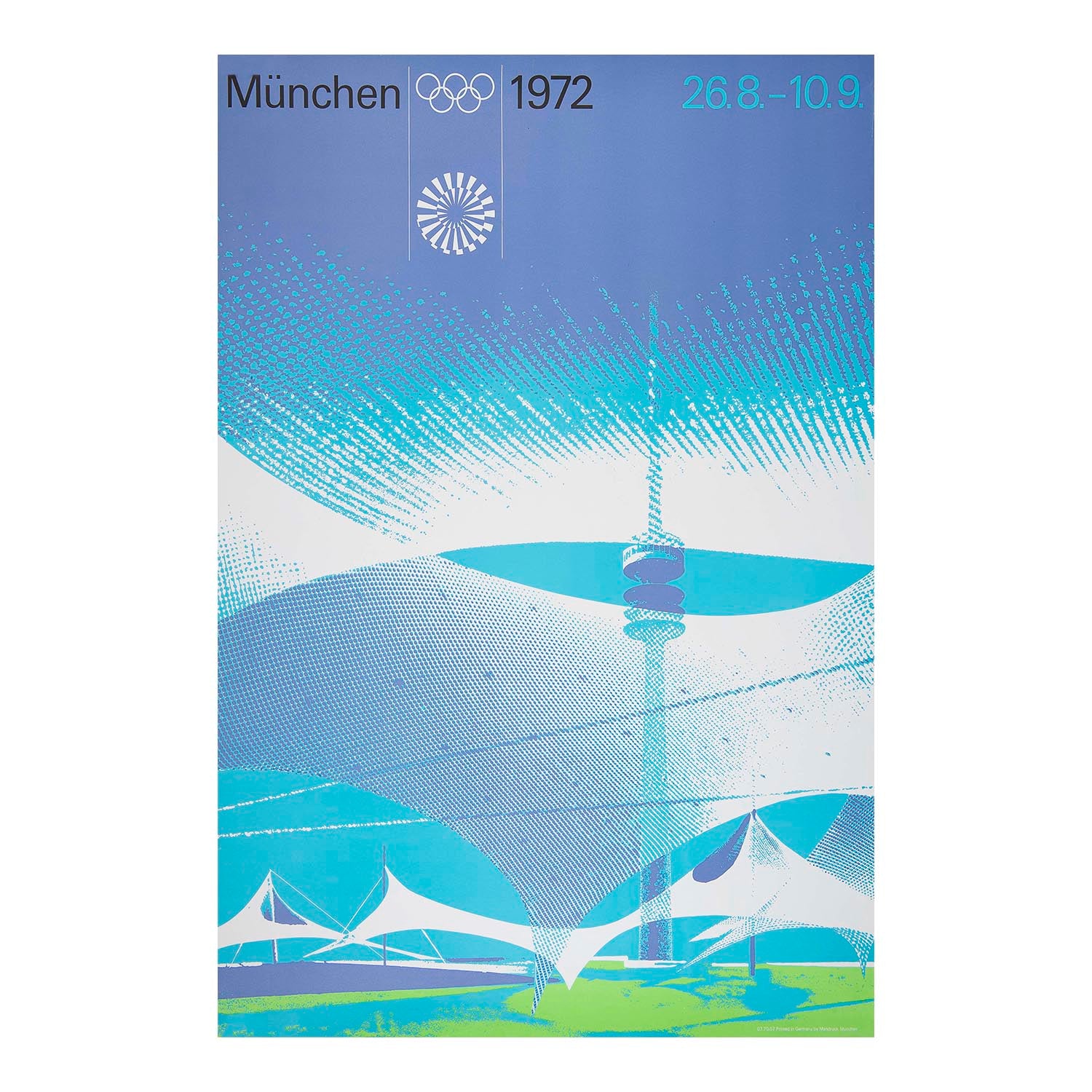Original 1972 Olympic Games poster designed by Otl Aicher. The images depicts the Olympiastadion and the distinctive tent-like roof of the Olympic Park