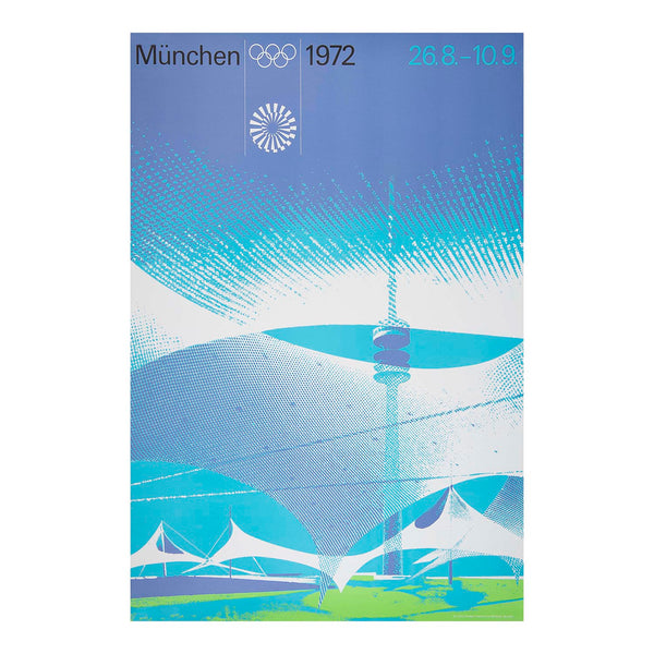 Original 1972 Olympic Games poster designed by Otl Aicher. The images depicts the Olympiastadion and the distinctive tent-like roof of the Olympic Park