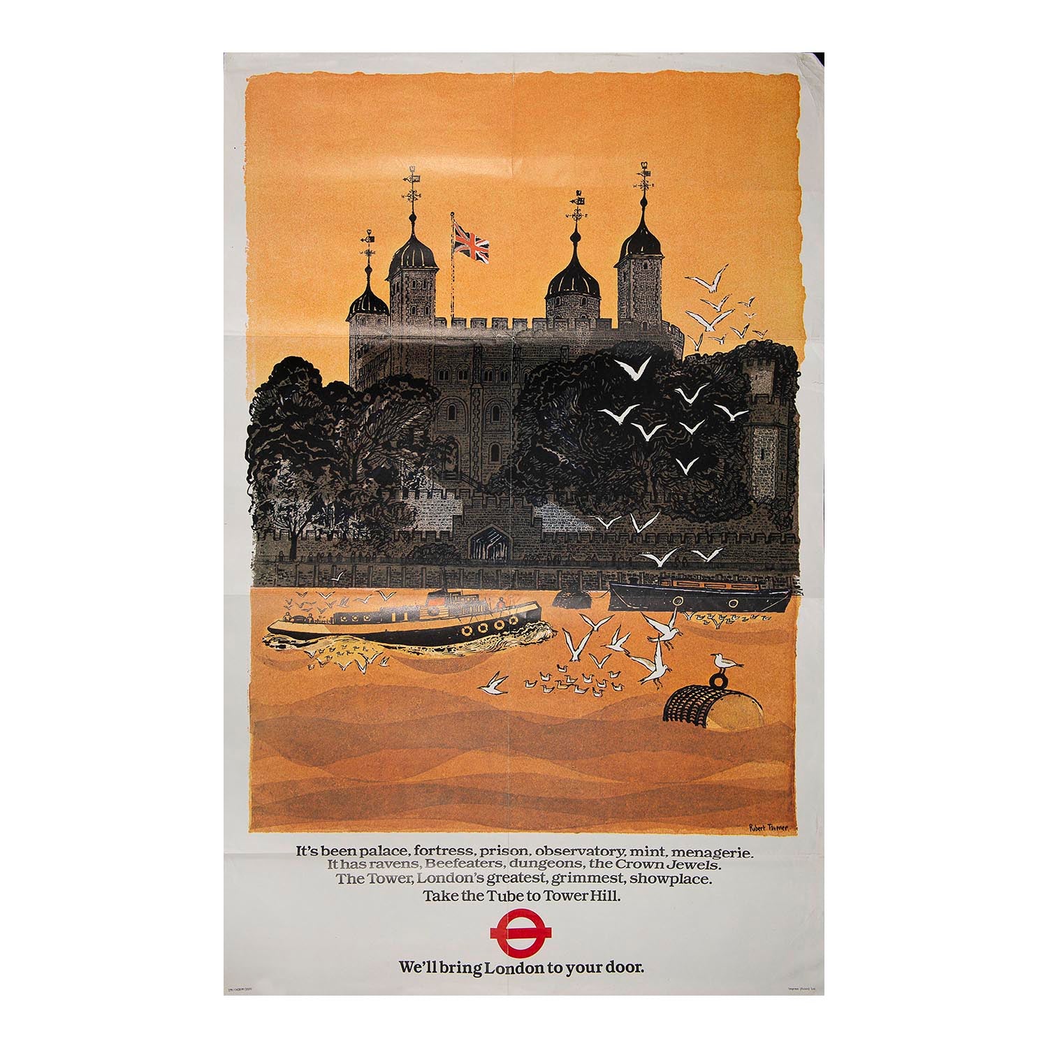 An original travel poster, The Tower of London, designed by the printmaker and artist Robert Tavener for London Transport in 1979. The design depicts the Tower from the River Thames