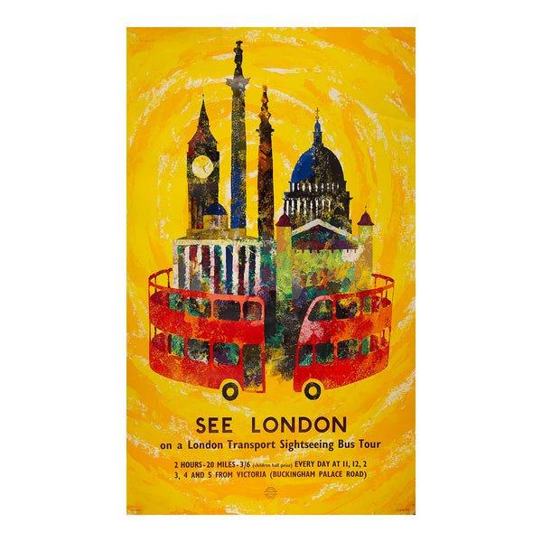 London Transport poster advertising sightseeing bus tours of central London, 1959. The design, by Victor Galbraith, shows an elongated London bus wrapped around some of the Capital's most famous landmarks, including St Paul's Cathedral, The Monument, Nelson's Column and the Houses of Parliament.