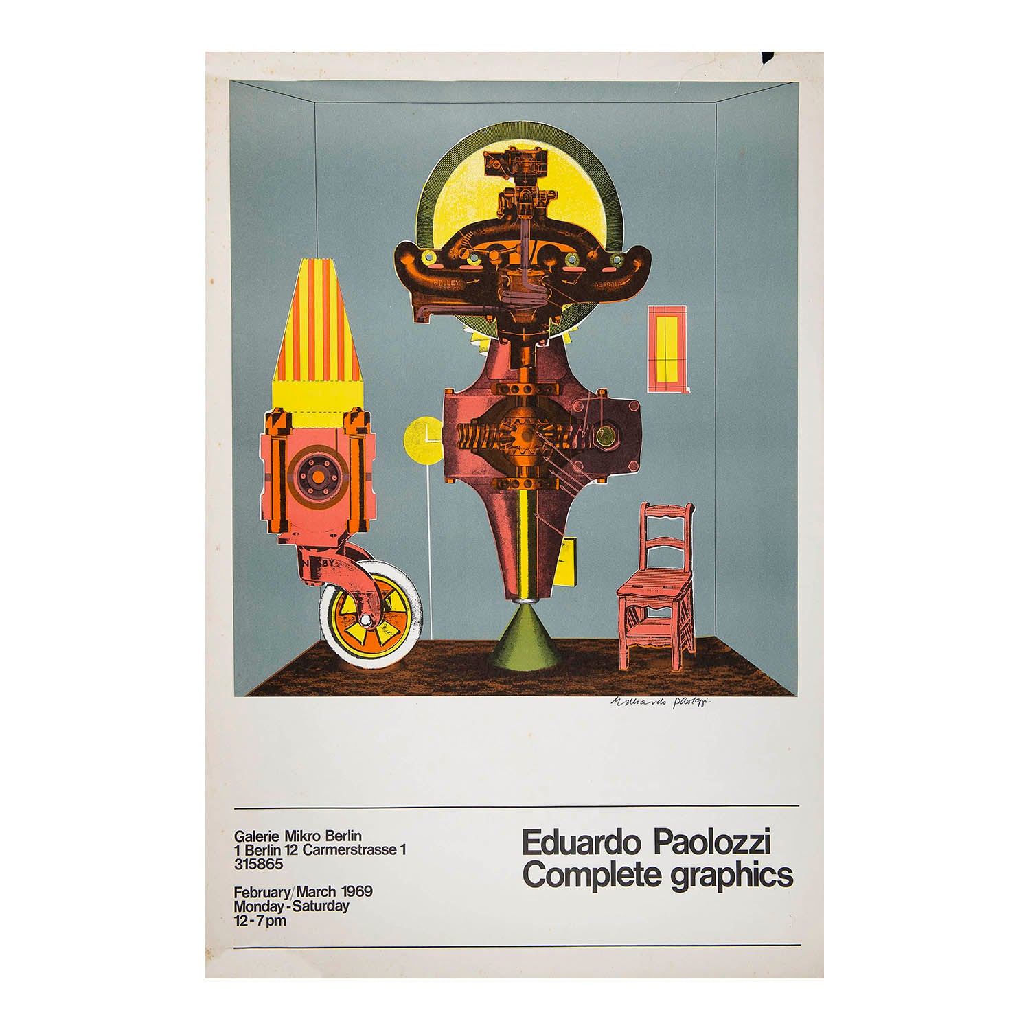 Original art exhibition poster, Eduardo Paolozzi Complete Graphics, held at the Galerie Mikro, Berlin. The design features Paolozzi’s 1963 screen-print, Metallization of a Dream