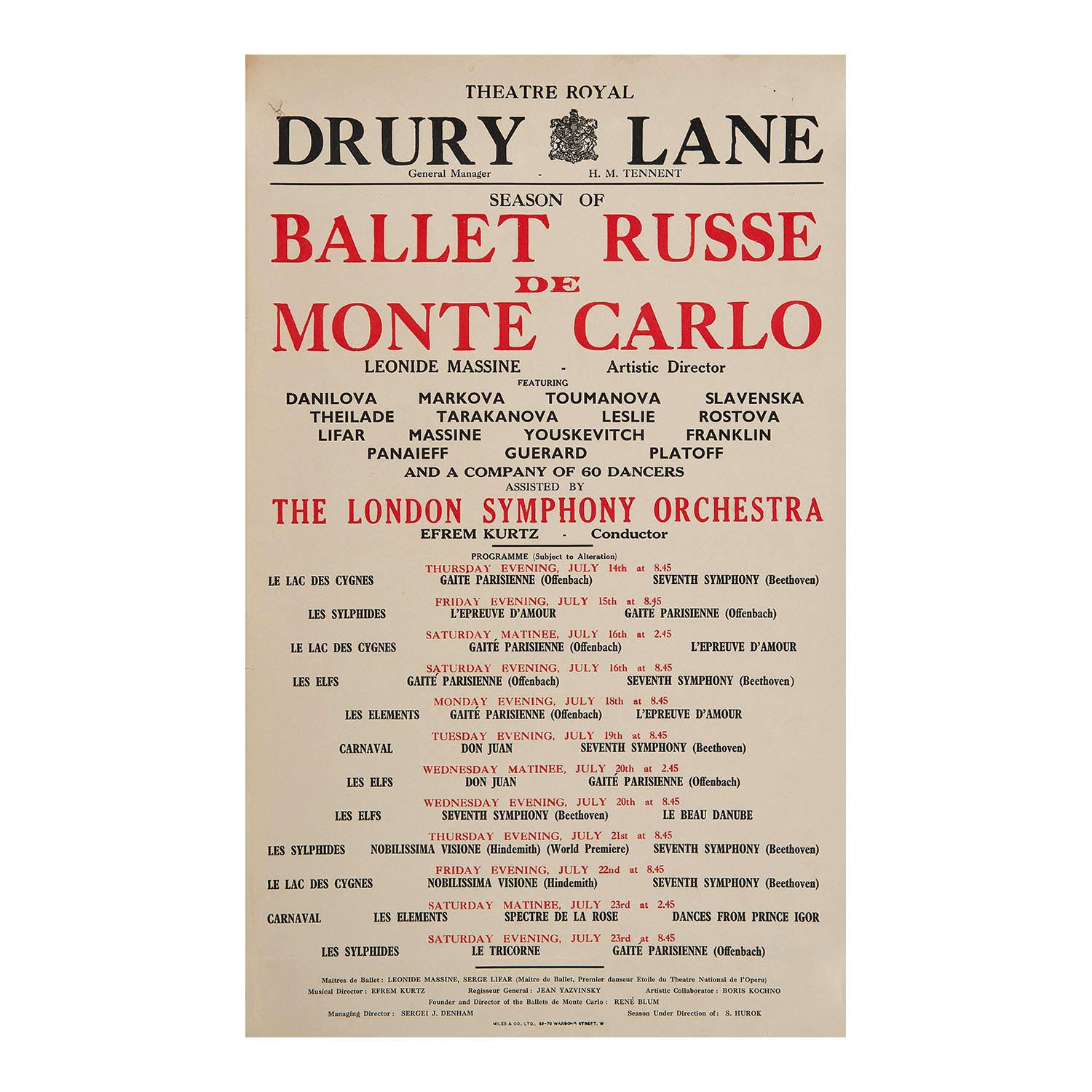 A rare original pre-war poster for a performance of the Ballet Russe de Monte Carlo at the Theatre Royal, Drury Lane, 1938. 