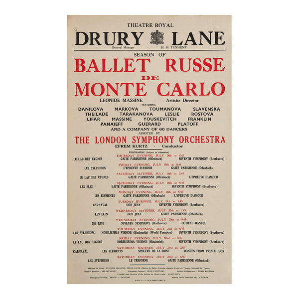 A rare original pre-war poster for a performance of the Ballet Russe de Monte Carlo at the Theatre Royal, Drury Lane, 1938. 