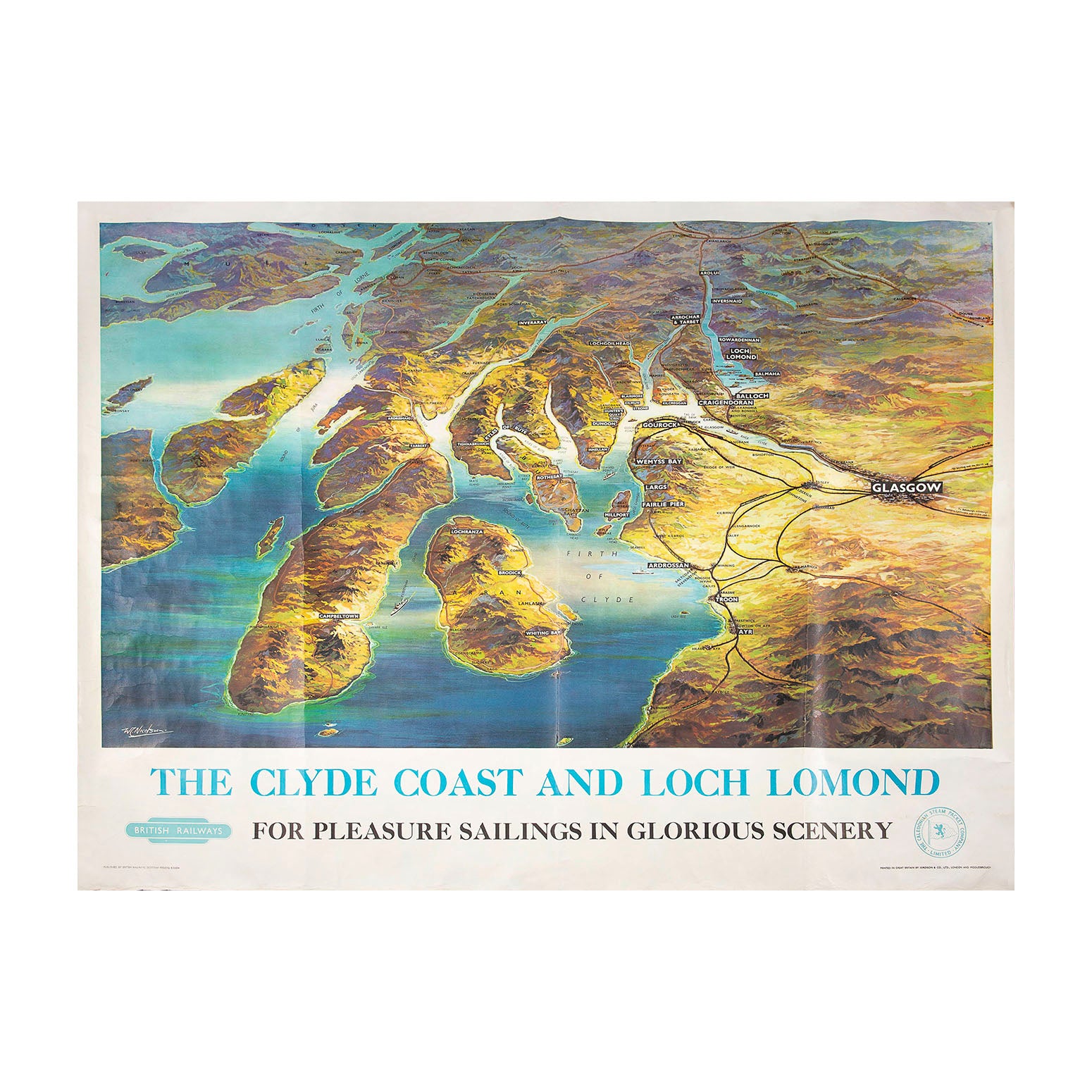 original railway poster map of the Clyde Coast and Loch Lomond, western Scotland, designed by W Nicolson. The poster was published by British Railways in conjunction with the Caledonian Steamship Company, and depicts miniature trains criss-crossing the Highlands to&nbsp;meet their connecting steamships for the remainder of the journey