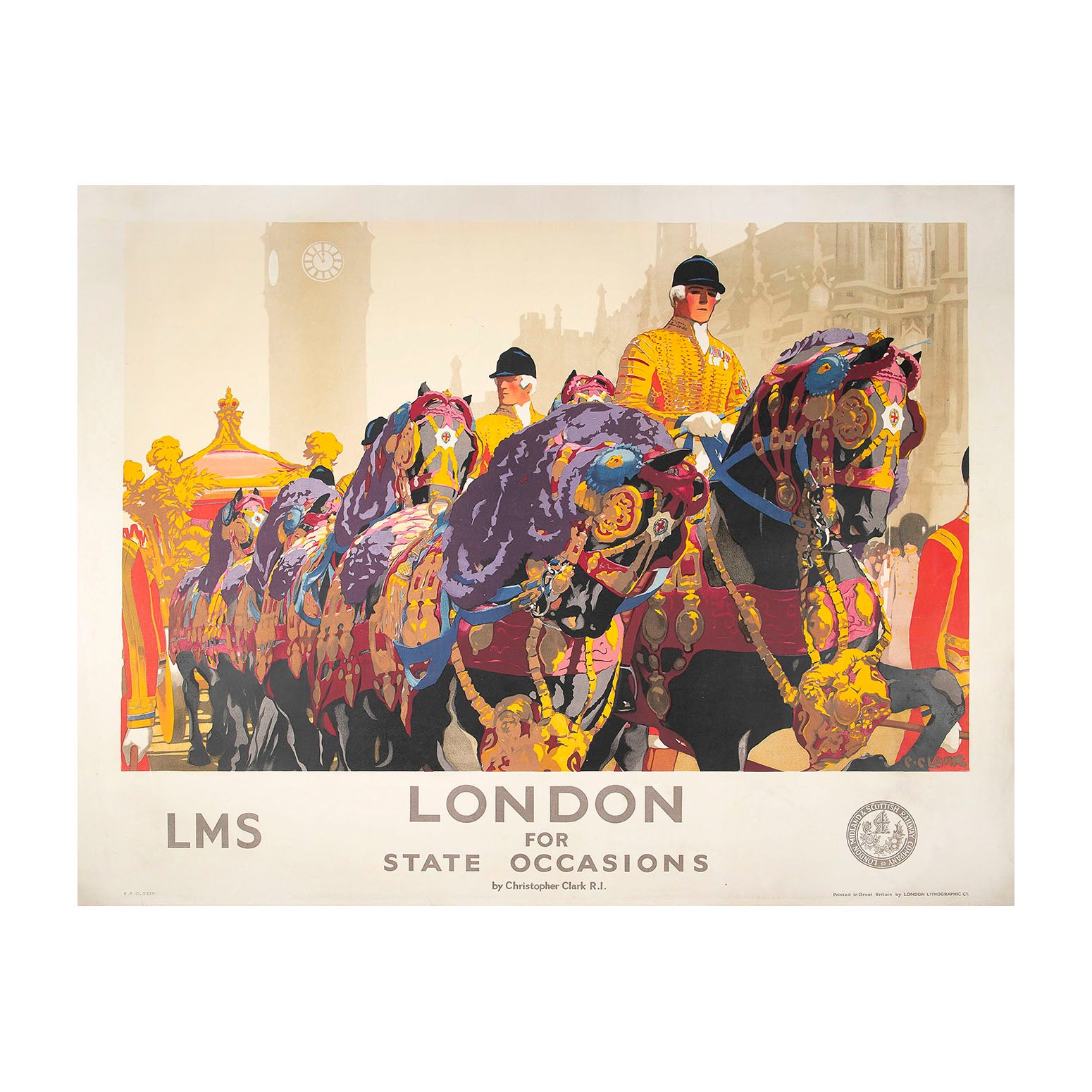 A magnificent, original, London Midland & Scottish Railway poster, London for State Occasions, by Christopher Clark R.I., c.1931. This beautiful lithographic poster depicts the State Opening of Parliament and includes the Gold State Coach (used by the monarch) pulled by a team of elaborately liveried horses and rides against the backdrop of the Houses of Parliament.