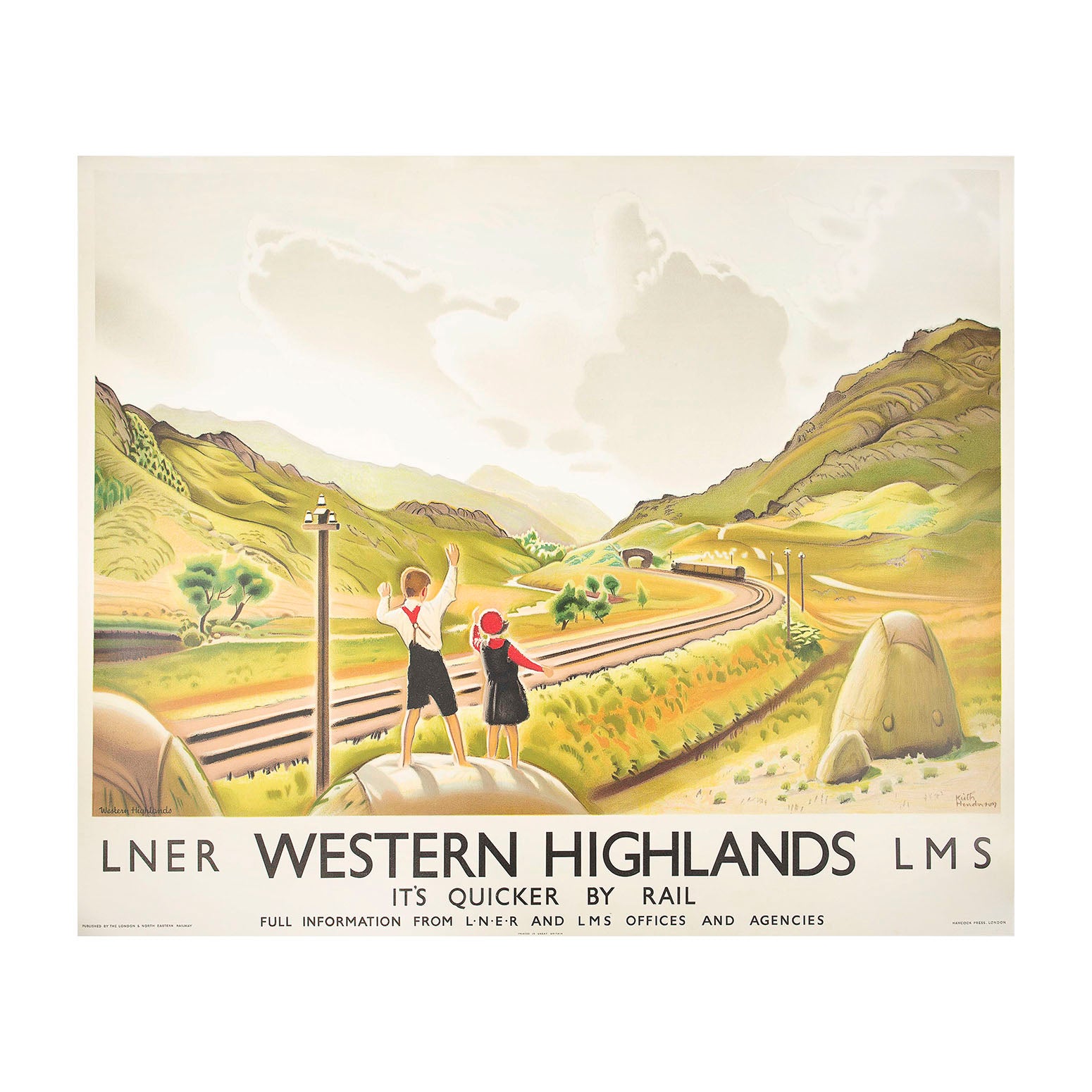 Original railway travel poster, Western Highlands, It's Quicker by Rail, painted by Keith Henderson and published jointly by the London &amp; North Eastern Railway and the London, Midland &amp; Scottish Railway, 1938. The charming image shows two children, a boy and girl, standing on a covered hay bale and waving at a departing steam-hauled passenger train entering a mountainous Scottish landscape.