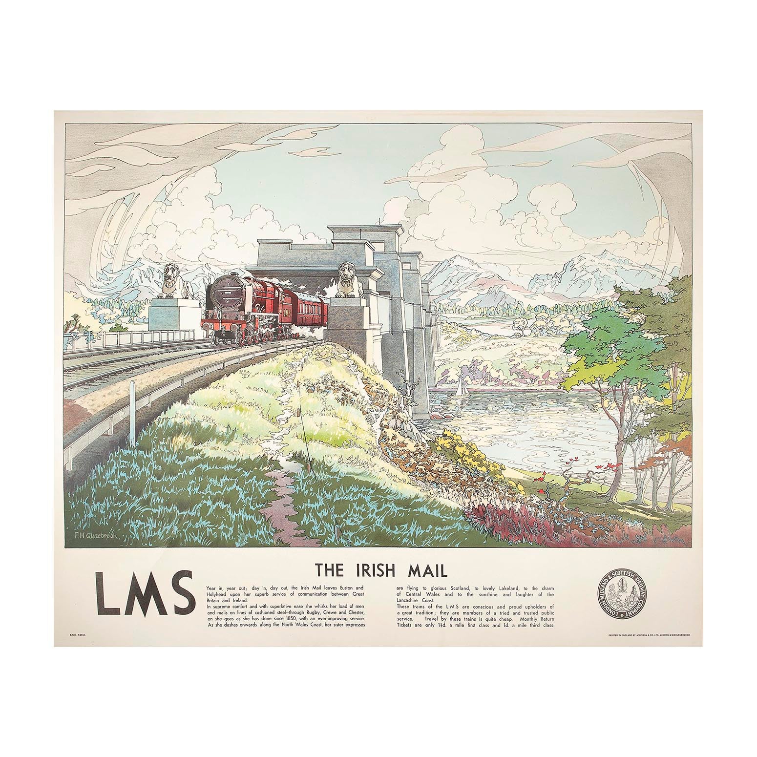 An outstanding, original, railway poster, The Irish Mail, painted by FH Glazebrook and published by the London Midland and Scottish Railway (LMS) in about 1932. The striking artwork depicts the Irish Mail (a famous ‘named train’) emerging from Stephenson’s Britannia Bridge connecting Anglesey with the north Wales mainland. The train is hauled by a Royal Scot Class steam locomotive, flanked by the huge stone lions guarding the entrance to the bridge, while the treacherous waters of the Menai Straits whirl be