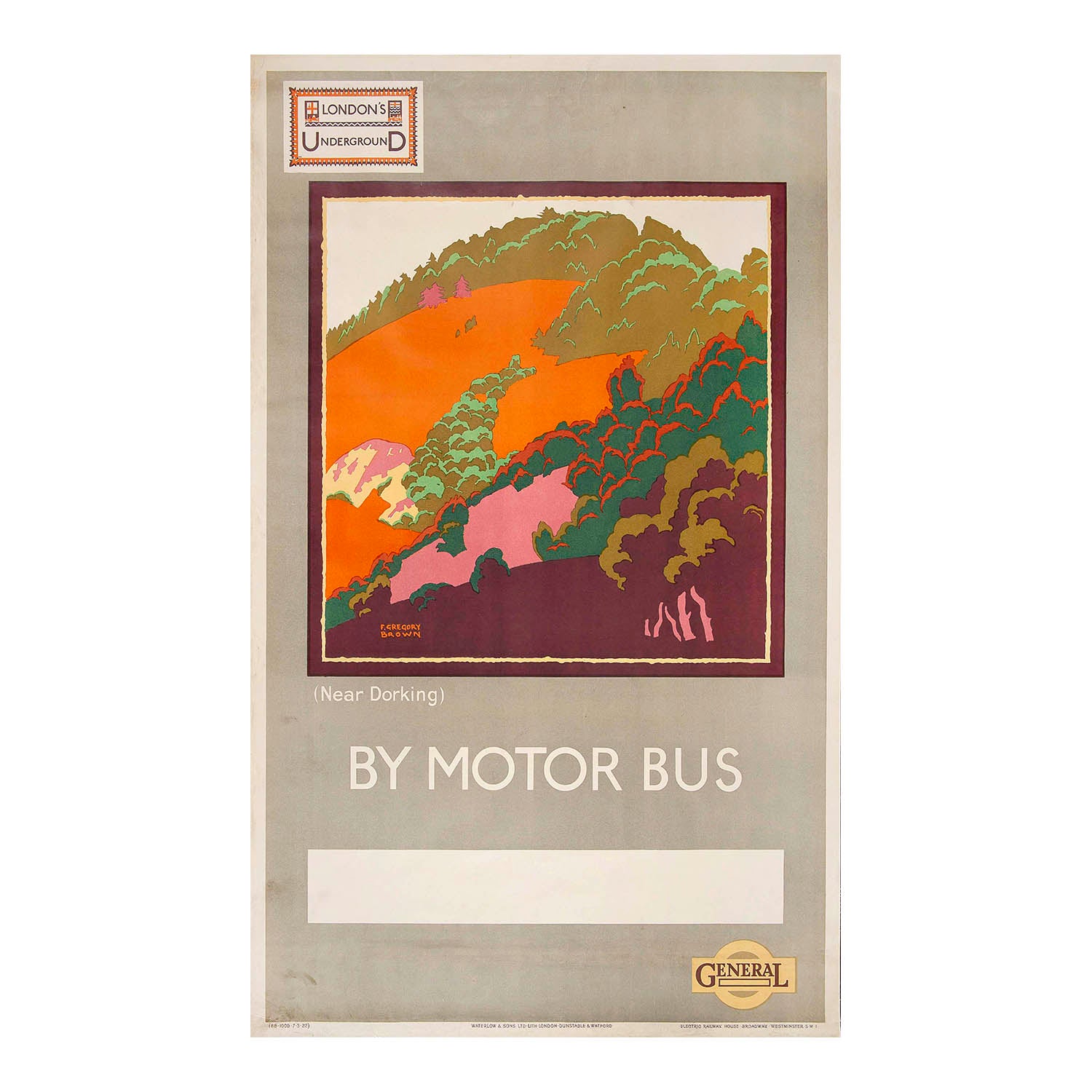 Original London Underground poster, near Dorking, by one of Twentieth Century Posters’ favourite designers, F. Gregory Brown, 1922. The poster promotes London Underground’s bus fleet, known as the General Omnibus Company (hence the ‘General’ logo, bottom right). The depicted location is almost certainly Box Hill, near Dorking, Surrey