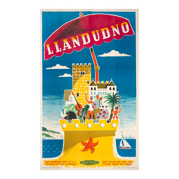 An uncommon original railway poster for Llandudno by the ‘travel poster queen’ Daphne Padden, 1958. One of the leading British poster artists of the 1950s and 60s, Padden was a master of the seemingly effortless, joyous, holiday poster. In this design for Llandudno (north Wales), Padden depicts a happy holidaying family atop a sandcastle with the Great Orme and Llandudno pier in the background