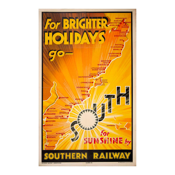 A glorious, original, railway travel poster, For Brighter Holidays go SOUTH for Sunshine by Southern Railway, 1935. The design features a most unusual representation of the south coast turned 90 degrees and displaying all the seaside towns reached by the Southern, starting with Sheerness and Herne Bay in Kent through to Padstow and Newquay in Cornwall. 