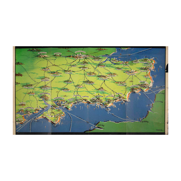 An original, trimmed, railway poster map designed by George Ayling and published by the Southern Railway in 1932. The map shows the principal towns served by the Southern, many of which are represented in charming period detail (such as a depiction of Brighton’s two piers, Lewes Castle, Canterbury Cathedral, the harbour and docks of Portsmouth and Southampton etc)