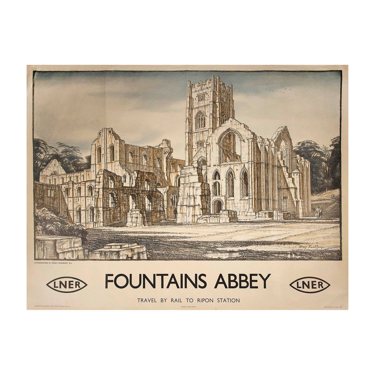 railway poster, Fountains Abbey, by the English fine artist Henry Rushbury RA, c. 1935. The design, personally lithographed by Rushbury, shows the ruined church at Fountains Abbey in muted tones, above the message Travel by Rail to Ripon station (which is flanked by the Eric Gill-designed LNER lozenge logo)