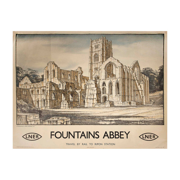 railway poster, Fountains Abbey, by the English fine artist Henry Rushbury RA, c. 1935. The design, personally lithographed by Rushbury, shows the ruined church at Fountains Abbey in muted tones, above the message Travel by Rail to Ripon station (which is flanked by the Eric Gill-designed LNER lozenge logo)