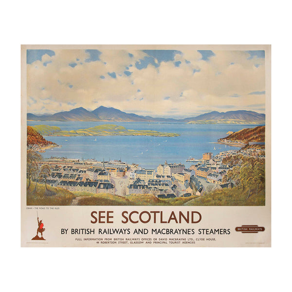 Original railway travel poster, See Scotland, Oban the road to the Isles, by Alasdair Macfarlane, published by British Railways (Scottish Region) in 1955. The image depicts an elevated view of the town and harbour of Oban, opening onto the Firth of Lorn. The poster was probably issued jointly with the steamship company David Macbrayne Services Ltd, as the company’s emblem and title appear at the base alongside those for British Railways. In a charming detail, a steam hauled passenger train can be seen arriv