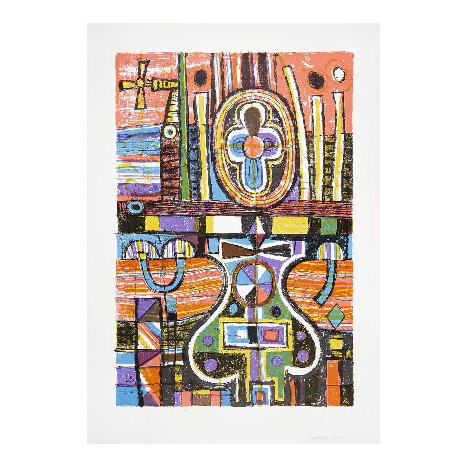 Original lithographic print, Quatrefoil Garden, from a series by the British artist and designer Laurence Scarfe, printed by the Curwen Studio, 1966. 