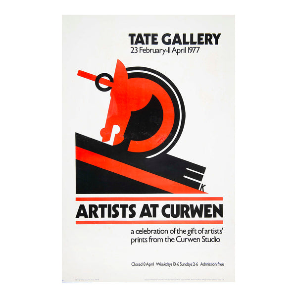 Original exhibition poster Artists at Curwen held at the Tate Gallery in 1977. The poster features the Unicorn logo designed by Edward McKnight Kauffer for the Curwen Press, c.1929-30