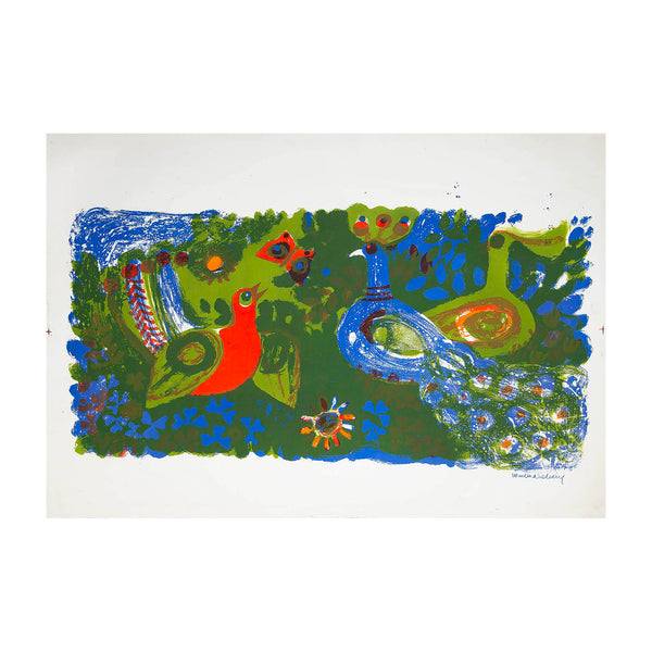 Original lithographic print, Peacocks, by Martina Selway, c. 1965. Printed by the Curwen Studio. This print is a printer’s proof from the archives of the Curwen Pres