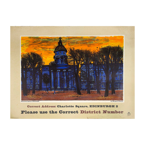 An original General Post Office advertising poster, Correct Address: Charlotte Square, Edinburgh 2. Please use the Correct District Number, designed by Scottish artist Margery Clinton (1931-2005). Printed by the Curwen Press, 1961. The dramatically coloured image depicts West Register House in Charlotte Square, Edinburgh, with the title text and GPO logo on the border below.
