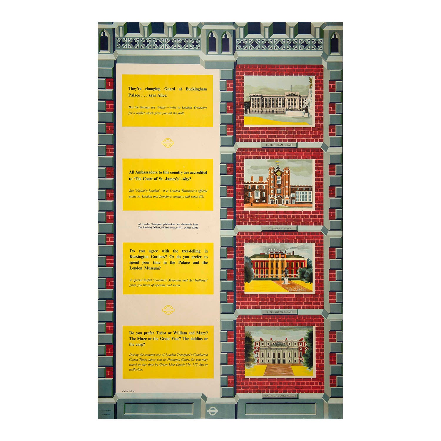 An original transport poster, London Landmarks, designed by EW Fenton, published by London Transport, 1955. The composite poster shows vignettes of Buckingham Palace, St James’s Palace, Kensington Palace and Hampton Court