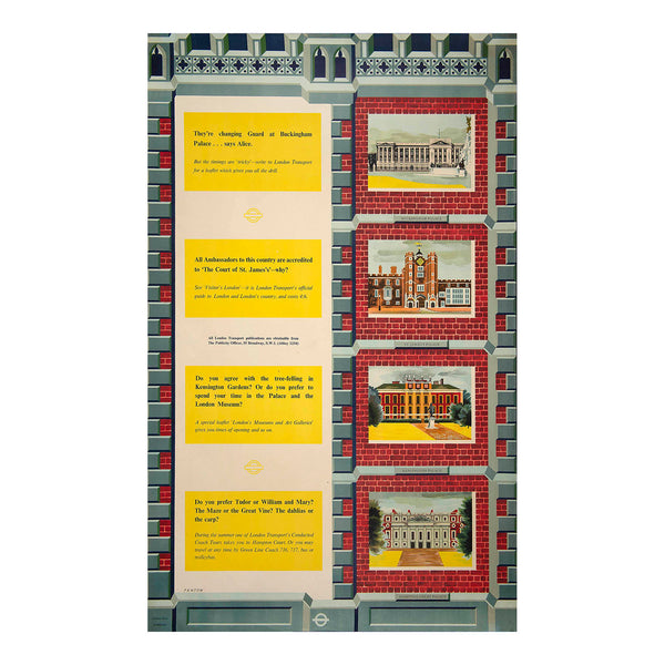 An original transport poster, London Landmarks, designed by EW Fenton, published by London Transport, 1955. The composite poster shows vignettes of Buckingham Palace, St James’s Palace, Kensington Palace and Hampton Court