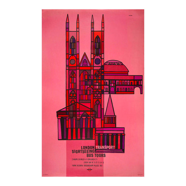 An original London Transport travel poster, Sightseeing Bus Tours, designed by the Polish artist GB (‘Jerzy’) Karo, 1961. An especially vibrant copy, with famous London landmarks (including Westminster Abbey and the Royal Albert Hall) depicted in a striking graphic style.