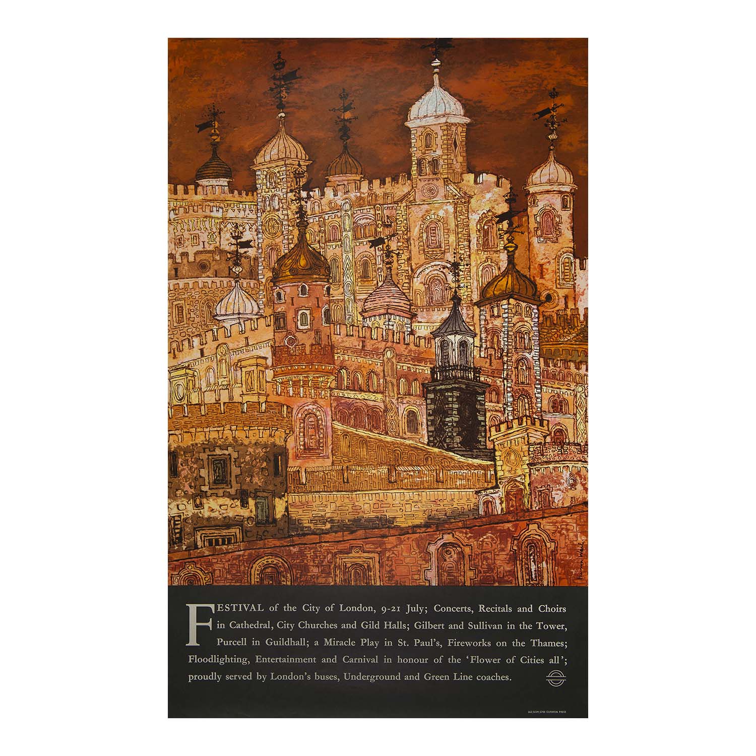 An original London Transport travel poster, Festival of City of London, designed by Hanna Weil, 1962. The annual Festival was founded in 1962 to revitalise the cultural life of the City, with a strong focus on classical music performed in central London venues, including churches, St Paul's Cathedral and Livery Company Halls