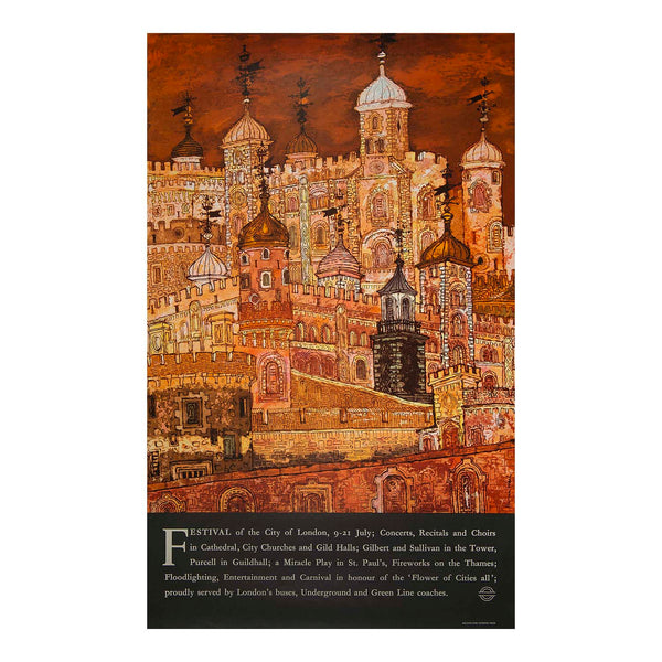 An original London Transport travel poster, Festival of City of London, designed by Hanna Weil, 1962. The annual Festival was founded in 1962 to revitalise the cultural life of the City, with a strong focus on classical music performed in central London venues, including churches, St Paul's Cathedral and Livery Company Halls