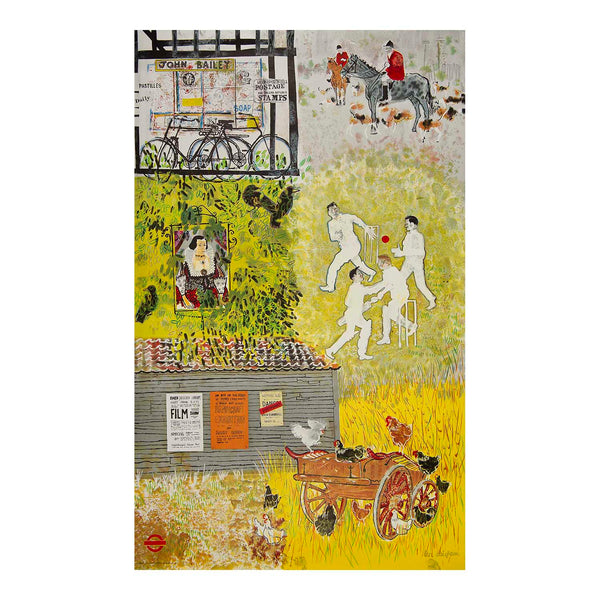 Original ‘pair poster’, Village life (sometimes referred to as London's Country), designed by Len Deighton for London Transport, 1957. The design depicts a montage of scenes suggesting a quintessential English village, including an ancient pub, village shop, and cricket on the village green