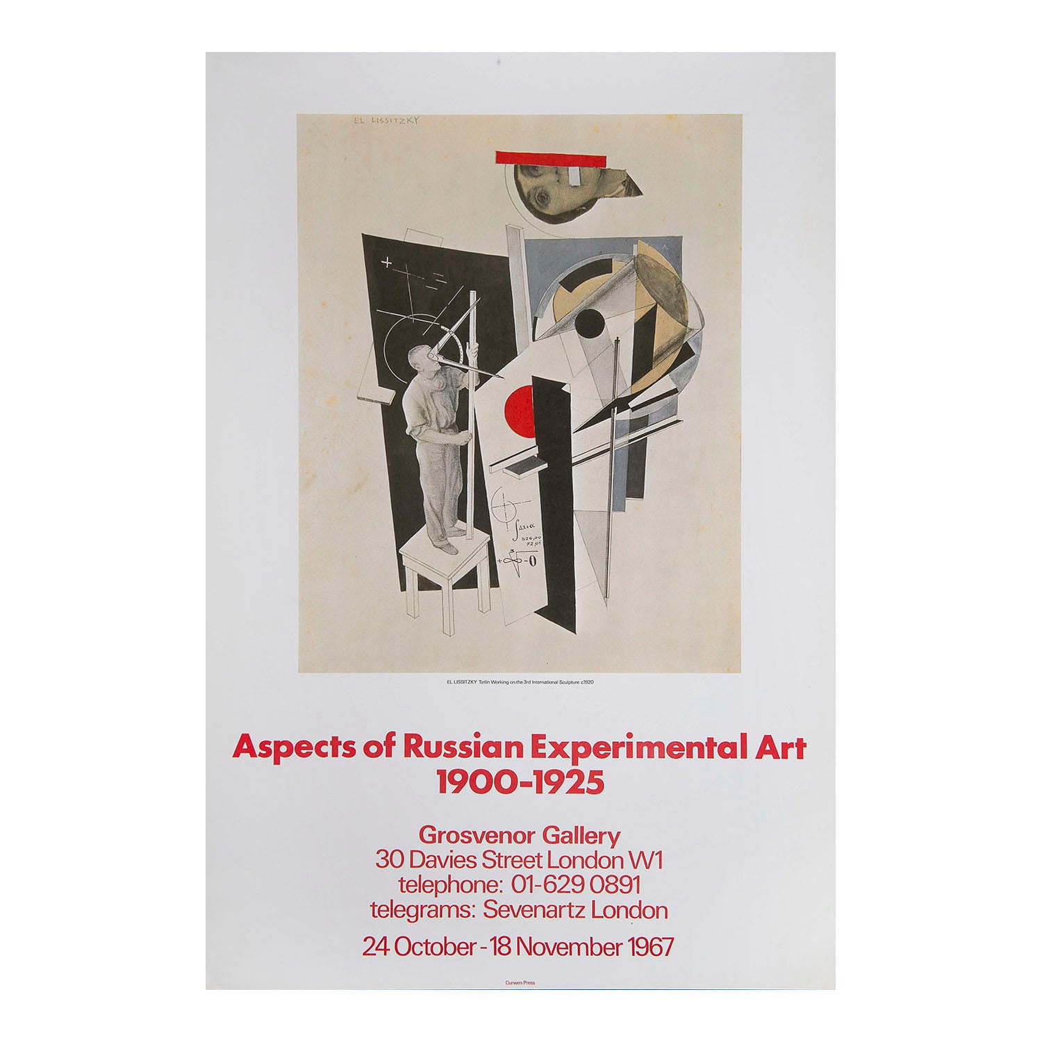 An origina art exhibition poster, Aspects of Russian Experimental Art 1900-1925,&nbsp;held at the Grosvenor Gallery in London, 24 October - 18 November 1967. The design features Tatlin at Work (1920-1921), a Constructivist photomontage of the artist Vladimir Tatlin by El Lissitzky