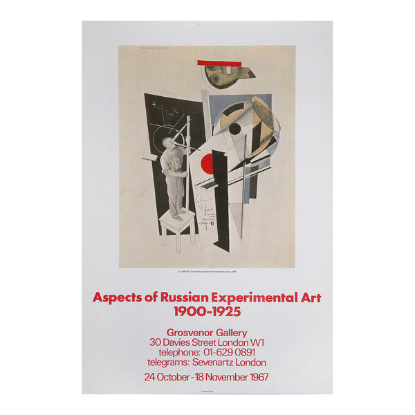 An origina art exhibition poster, Aspects of Russian Experimental Art 1900-1925,&nbsp;held at the Grosvenor Gallery in London, 24 October - 18 November 1967. The design features Tatlin at Work (1920-1921), a Constructivist photomontage of the artist Vladimir Tatlin by El Lissitzky