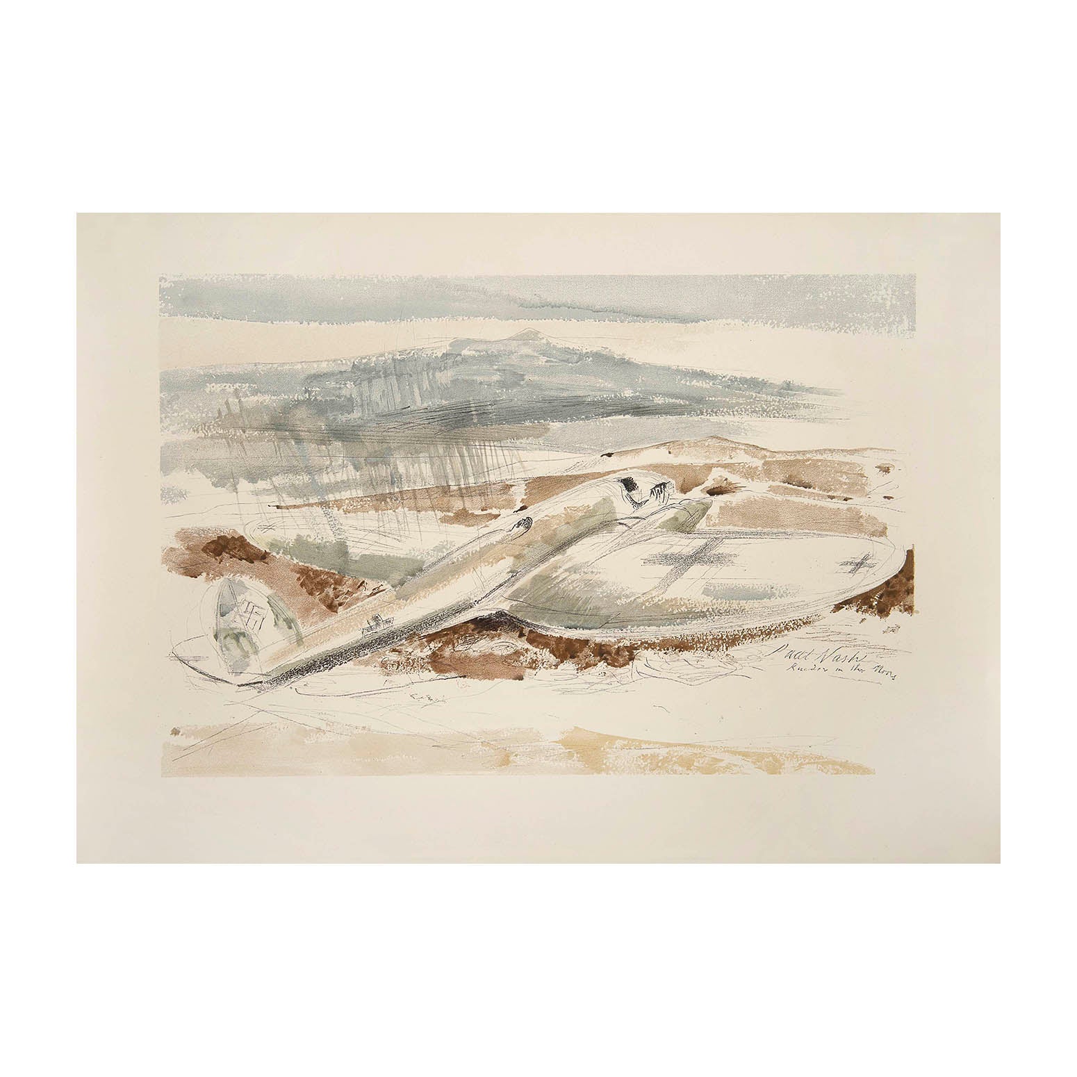 Original wartime colour lithograph, The Raider on the Moors, by Paul Nash. Published by the National Gallery for the Ministry of Information. Printed by the Curwen Press, 1940
