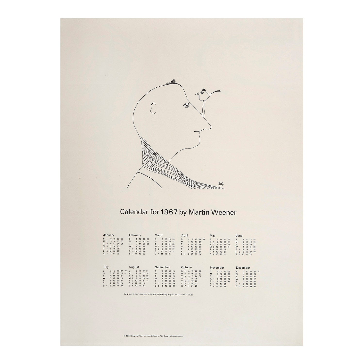 Original poster calendar for 1967, designed by the American illustrator Martin Weener. Printed and published by the Curwen Press in 1966