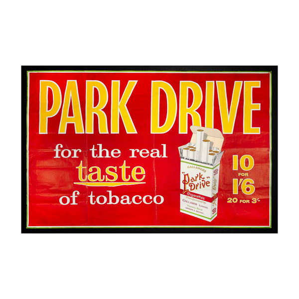 An original, large format, advertising poster for Park Drive cigarettes, c. 1950. The colourful design depicts an open packet of ten cigarettes, manufactured by the British tobacconist Gallaher Limited