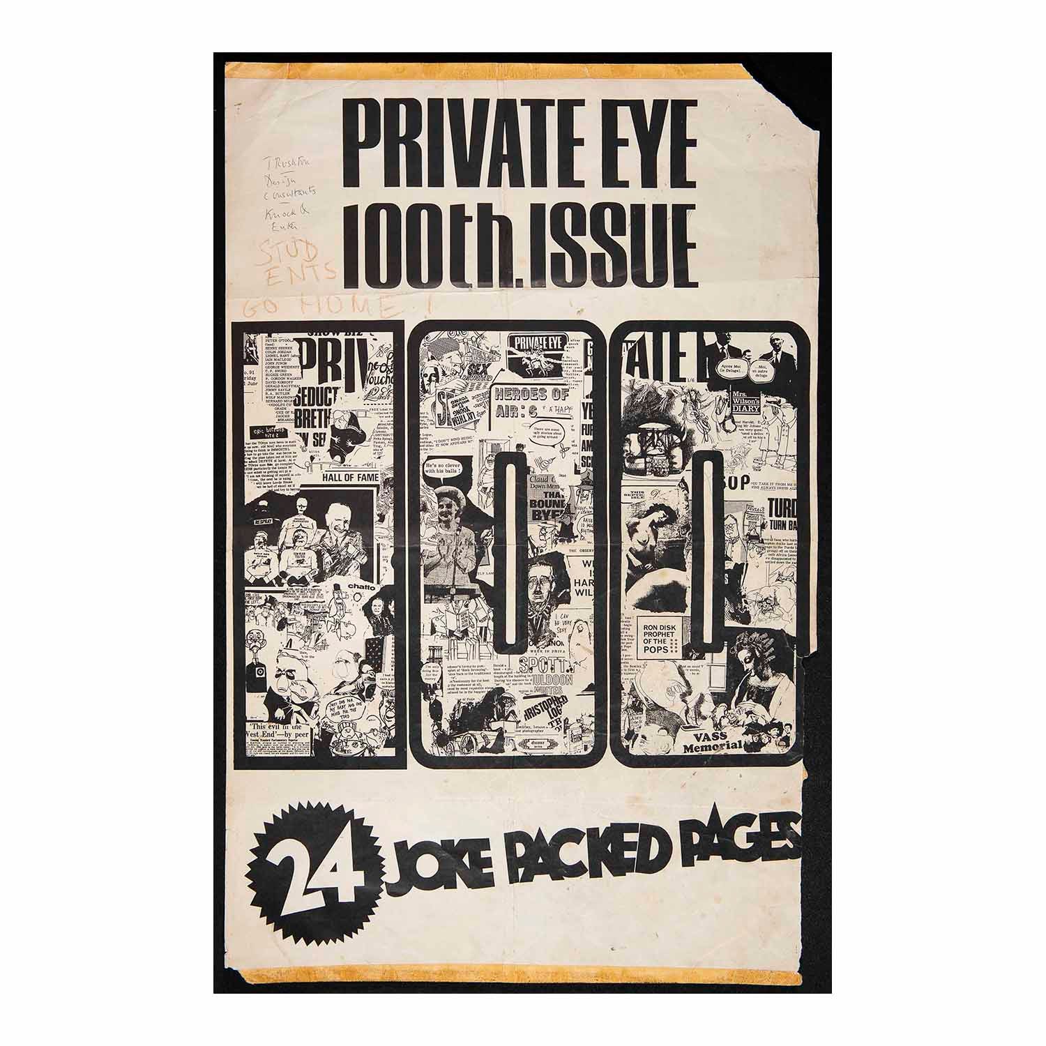 Original promotional poster for the 100th Issue of the British satirical magazine, Private Eye, designed by Barry Ernest Fantoni, 1965