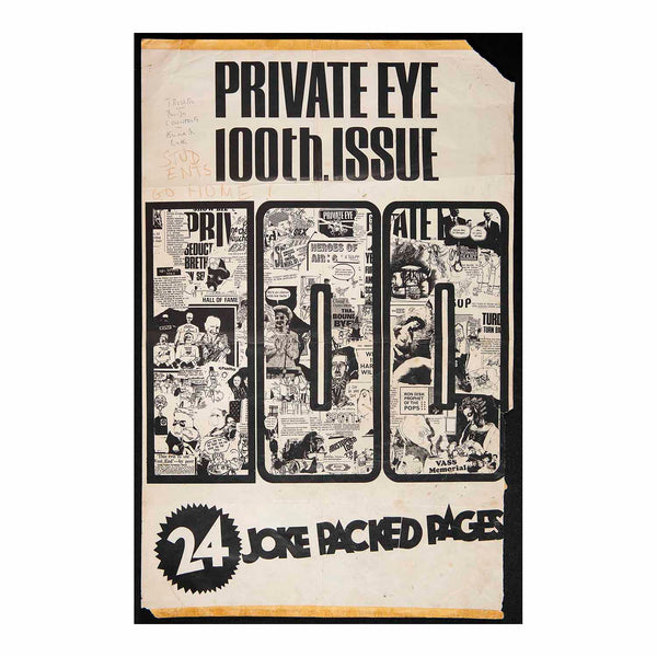 Original promotional poster for the 100th Issue of the British satirical magazine, Private Eye, designed by Barry Ernest Fantoni, 1965