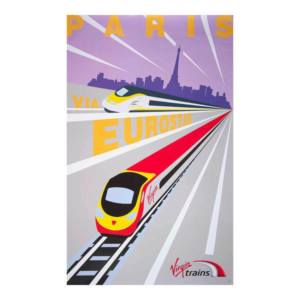 Original Virgin Trains travel poster advertising Paris via Eurostar, c. 2013. The design, by Sam Jessup, features a stylised Virgin express passenger train in the foreground, with a Eurostar train below a silhouette of the Paris skyline.