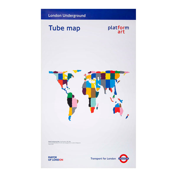 Original promotional Tube map poster, Global Underground, designed by Yinka Shonibare, published by Transport for London, 2006. The design uses the colours of the Tube map imposed on an elongated world map to reflect the diversity of London and the users of London Underground. The background map is based on the Peters Projection (1974), which portrays each country according to its true surface area.