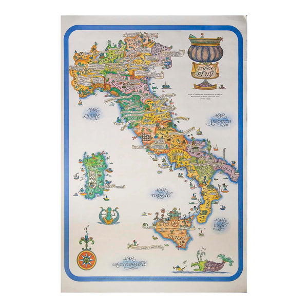 Original advertising poster, Wines of Italy, designed by Oscar "Oski" Conti and published by the Italian Foreign Trade Institute, 1970. The design features an illustrated map of Italy showing the location of various Italian wines, together famous landmarks and cartoon depictions of Italian scenes past and present.