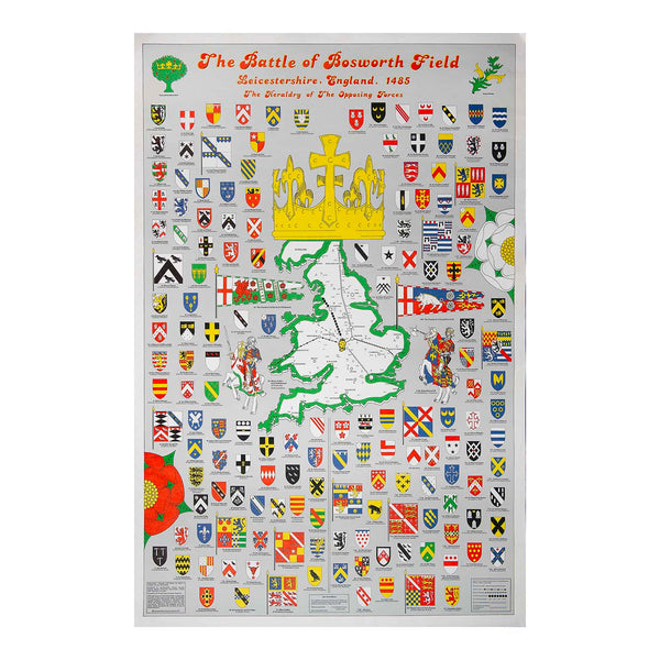 poster map, The Battle of Bosworth Field, 1485, researched, designed and drawn by Peter J. Corbett, published by Leicestershire County Council in 1977. The excellent design depicts ‘the heraldry of the opposing forces’ and the routes which the various armies took to arrive at Bosworth Field