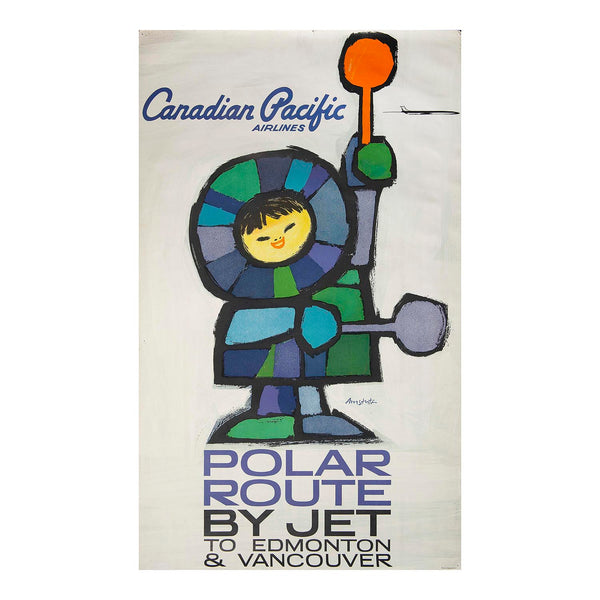 travel poster, Polar Route by Jet To Edmonton and Vancouver, designed by André Amstutz for Canadian Pacific Airlines, c. 1961. The design feature a charming illustration of an Inuit figure directing air traffic, with a diminutive, sleek, jet plane depicted in the background.